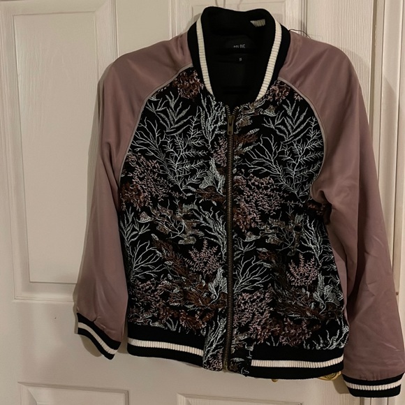 GOLDIE London Size XS Embellished Satin Bomber Jacket Mesh Black Ivory Zip $119 - Picture 1 of 3
